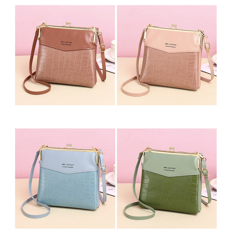Women’s Leather Crossbody Handbag – Double Compartment Kiss Lock Shoulder Bag