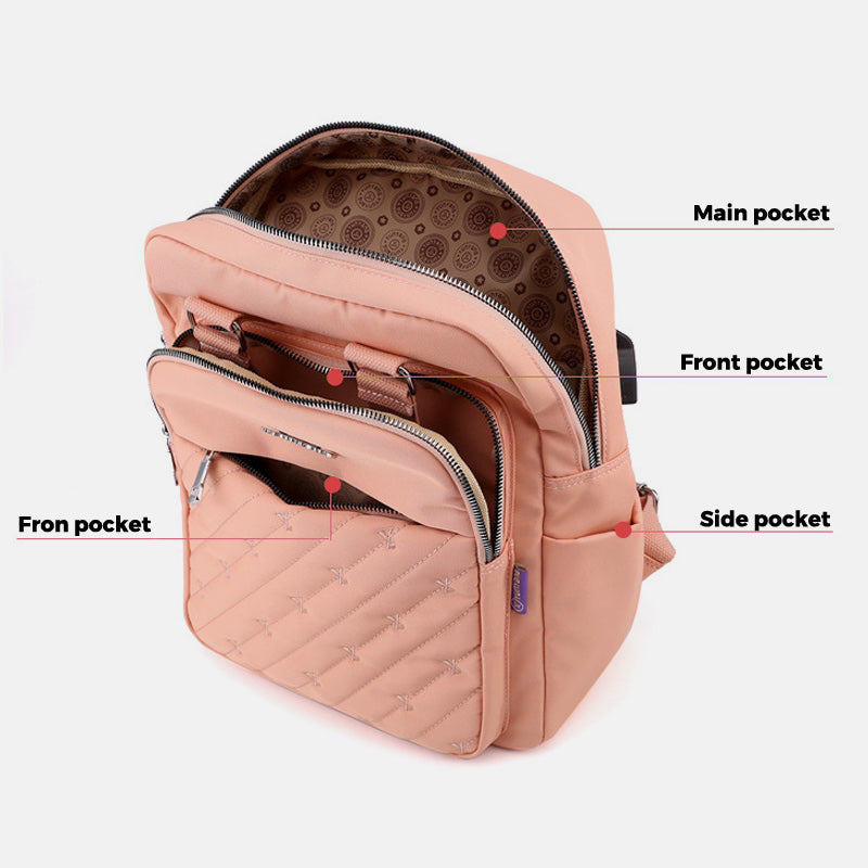 Lightweight Embossed Embroidery Backpack with USB Charging Port – Perfect for Women on the Go