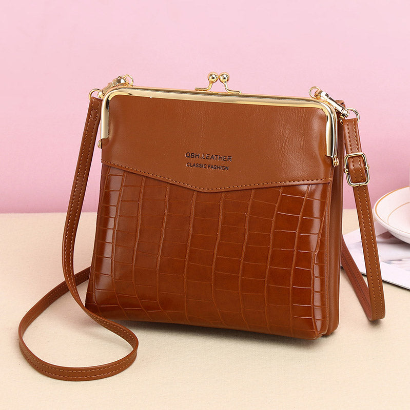 Women’s Leather Crossbody Handbag – Double Compartment Kiss Lock Shoulder Bag