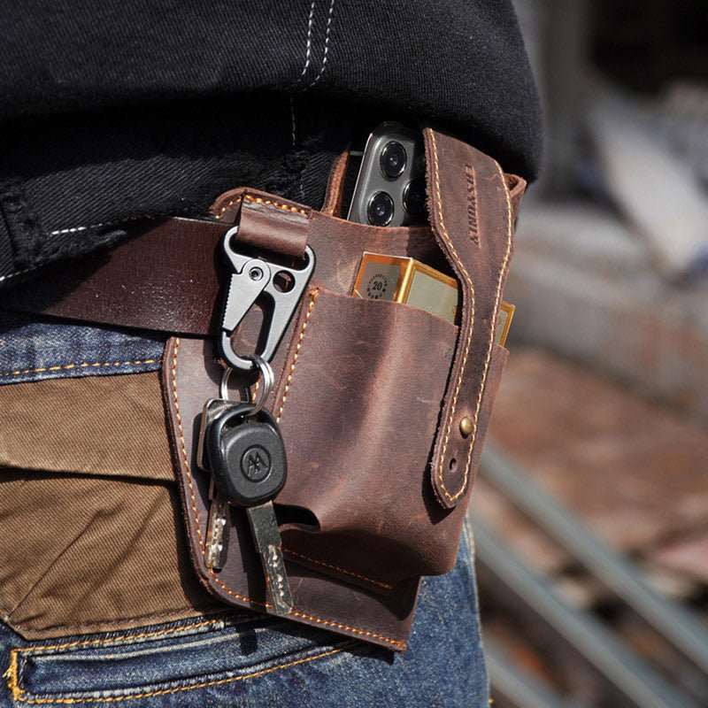 Vintage Leather Waist Phone Bag with Keychain | Outdoor Activity & Daily Use | Genuine Leather - VOTVO