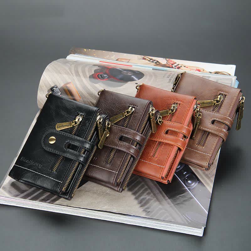 Trifold Leather Wallet for Men with Coin Purse, Snap Zip Closure & Chain – PU Leather, 12 Card Slots
