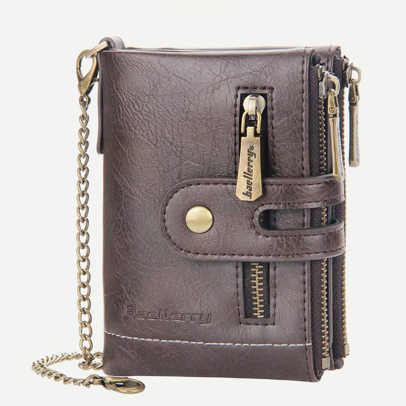 Trifold Leather Wallet for Men with Coin Purse, Snap Zip Closure & Chain – PU Leather, 12 Card Slots