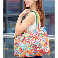 Genuine Leather Multicolor Flower Boho Handbag – A Touch of Artistic Elegance - VOTVO