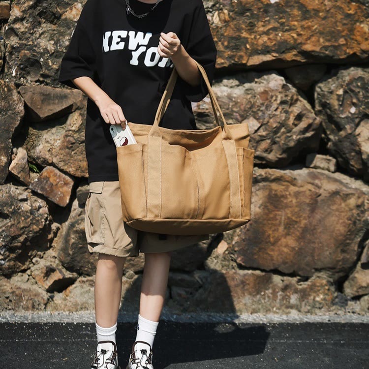 Minimalist Large Capacity Tote Bag for Women – Canvas Shoulder Bag with Zipper Closure