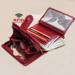 Cartera retro antirrobo triple de cuero genuino con RFID para mujer