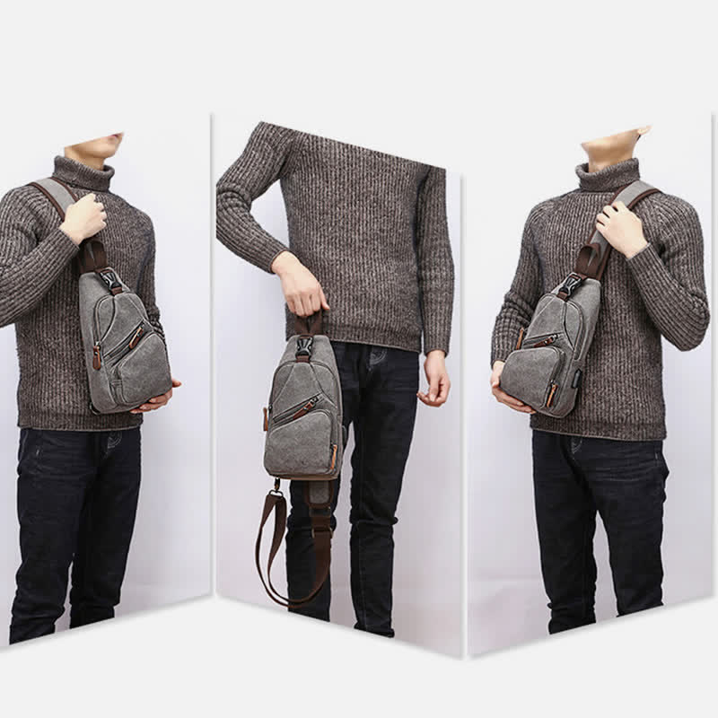 Canvas Sling Bag Crossbody Backpack – Casual Rucksack with USB Charging Port - VOTVO