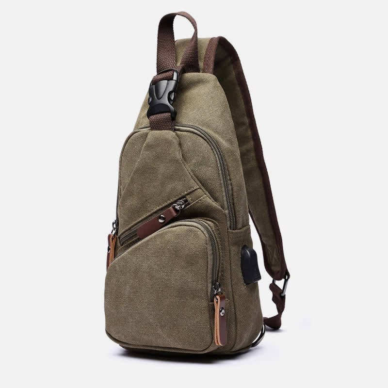 Canvas Sling Bag Crossbody Backpack – Casual Rucksack with USB Charging Port - VOTVO